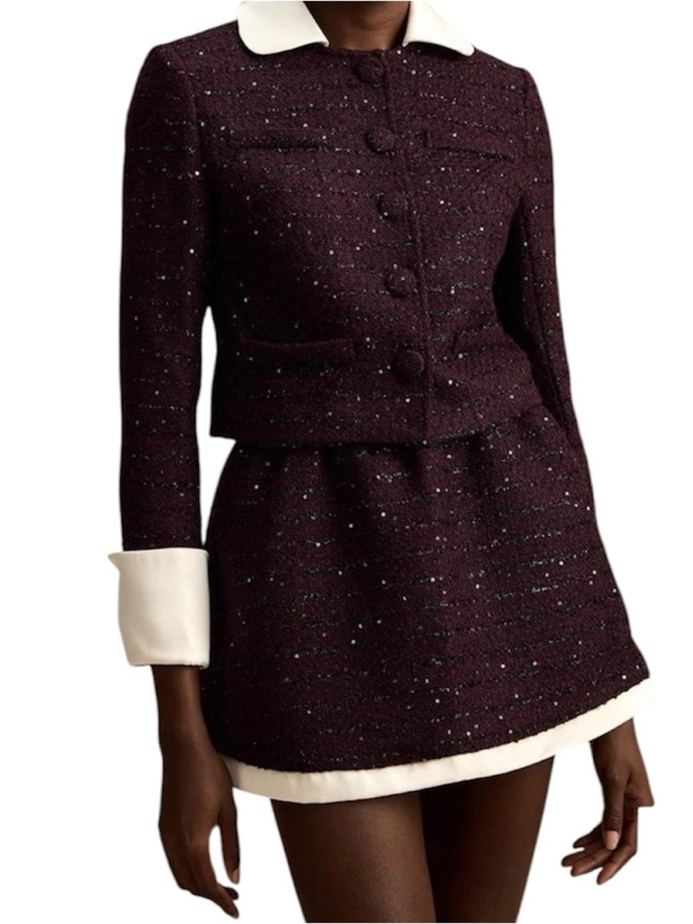 Miss Rosier Brigitte purple sequined tweed jacket & skirt matching set